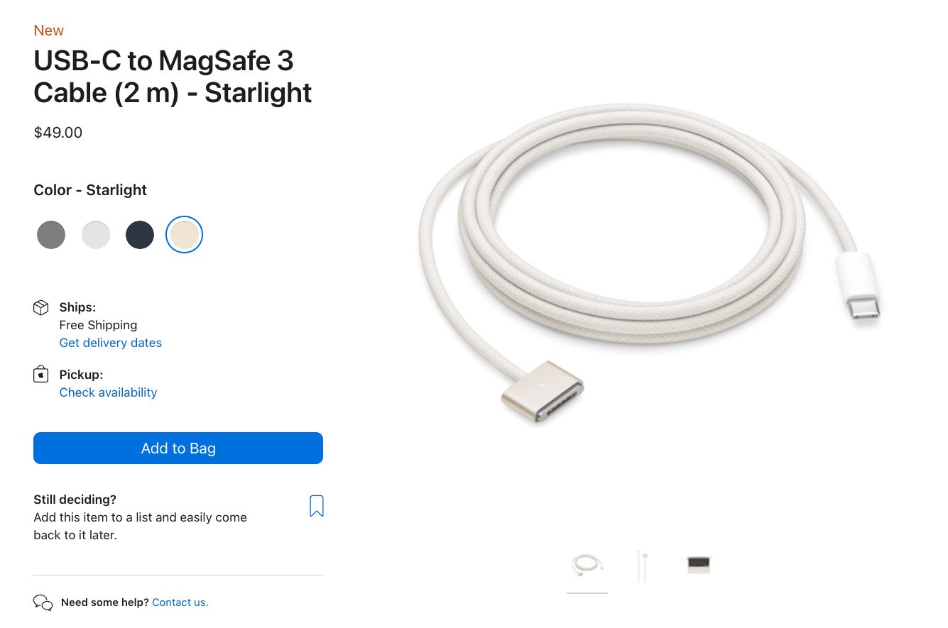 Apple mở bán lẻ cáp sạc Magsafe 3 với 4 màu sắc như MacBook Air M2